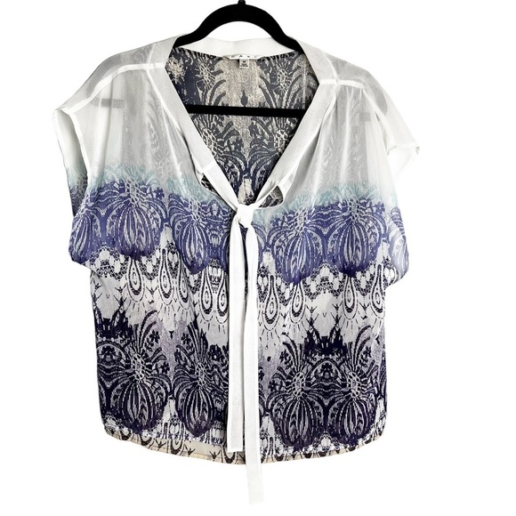 CAbi - Purple & White Sheer Blouse with Neck Ties -‎ Sz. Med - Picture 1 of 7